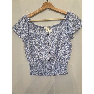 Blue & White Floral Size S Juniors/Women’s Crop Top Feminine Blouse